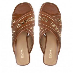 Michael Kors Gideon Embellished Faux Leather Slide Sandal - Luggage - Sz 10